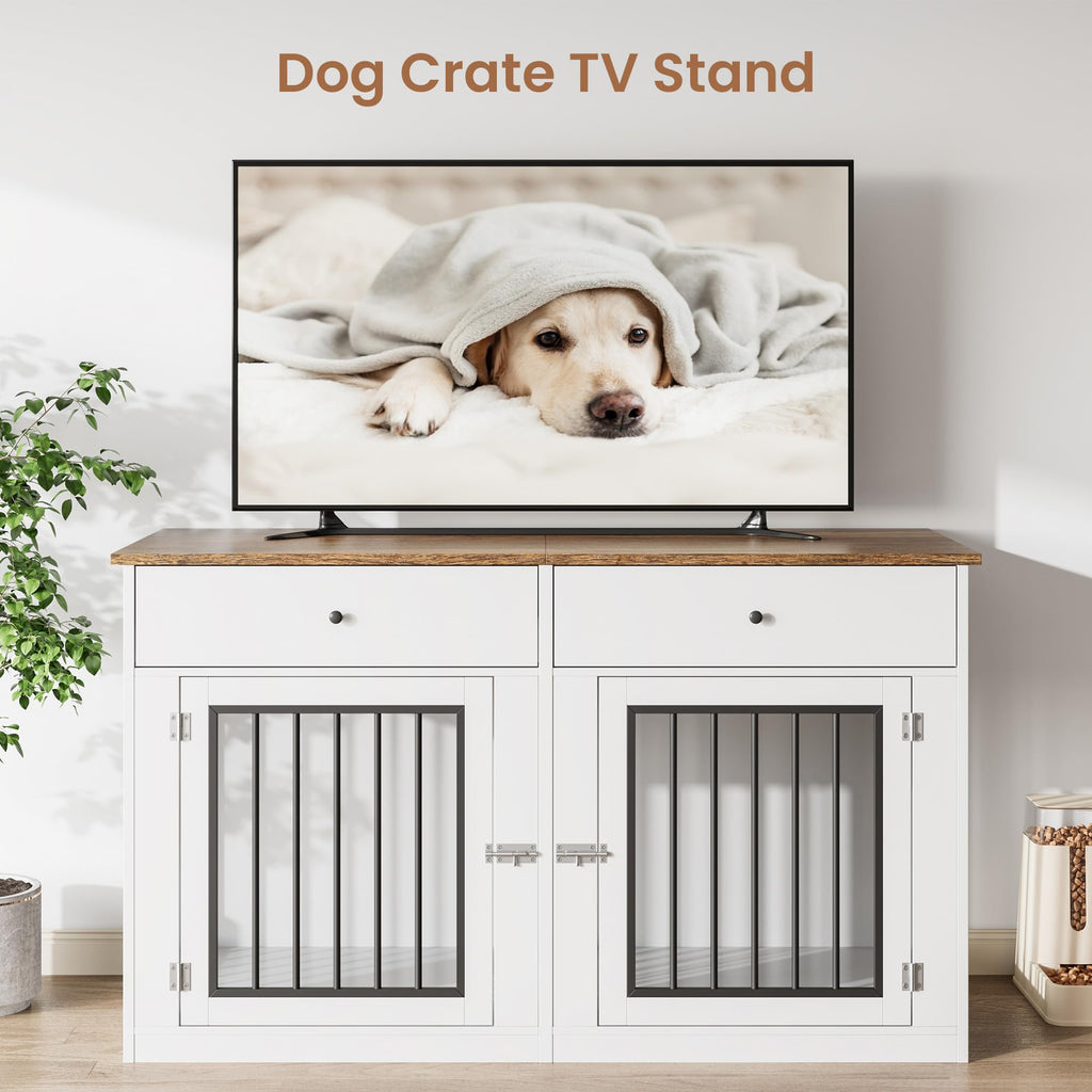 Garvee 60" Dog Crate Furniture for 2 Dogs, Heavy Duty Dog Kennel Furniture TV Stand with 2 Drawers, Dog Crates for Small Medium Dogs, Dog Cage End Table for Indoor Use, White