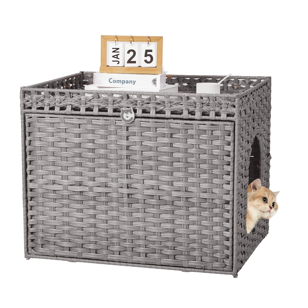 Garvee Handwoven Rattan Cat Litter Box Cabinet – Large Covered Enclosure with Removable Mat and Fence – Stylish Hidden Litter Furniture for Living Room or Apartment, Easy Assembly – Grey