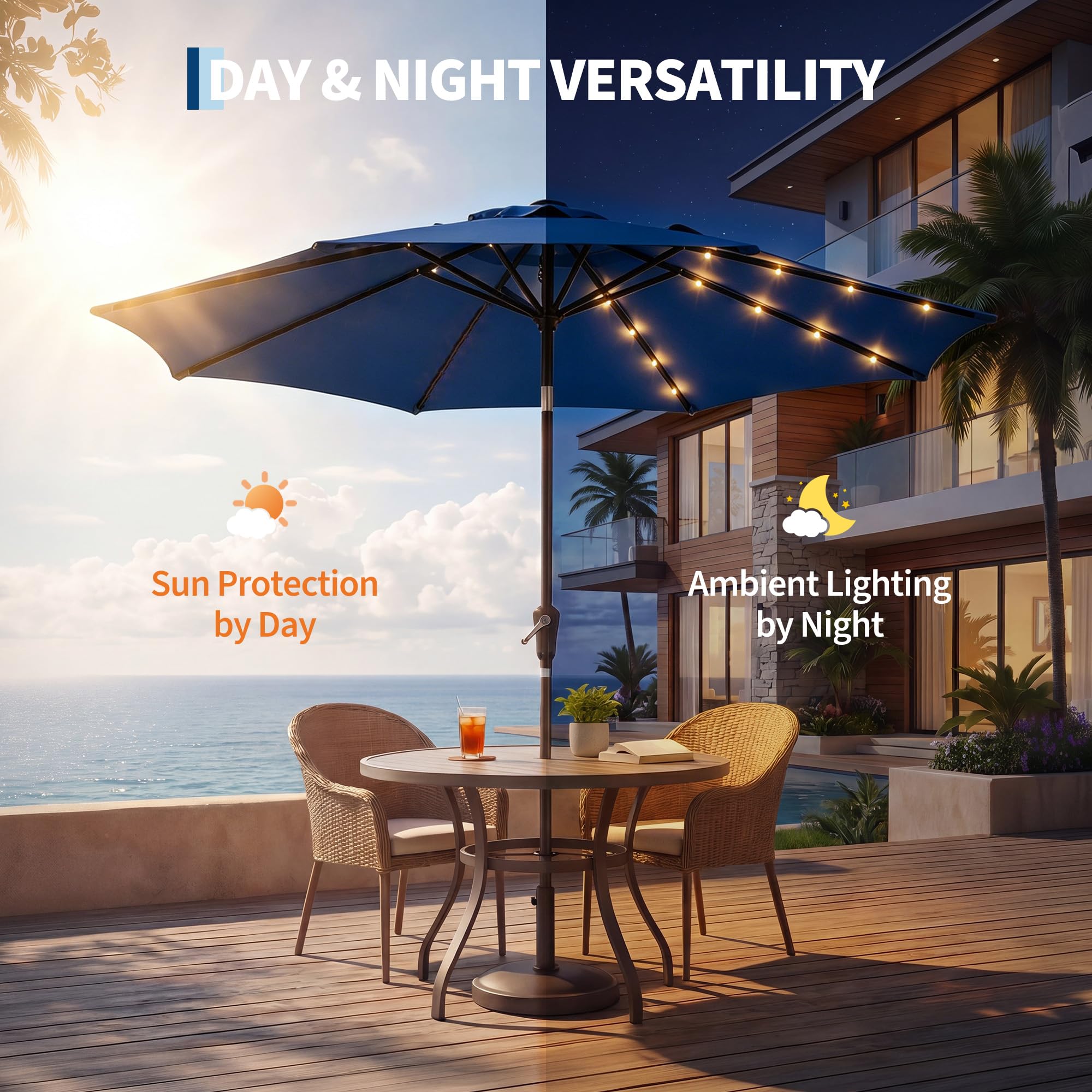 Garvee 10 FT Solar LED Patio Umbrella with 32 Lights, Round Outdoor Market Umbrella with Crank Lift, Push-Button Tilt and 8 Iron Ribs for Table, Deck and Pool, Navy Blue