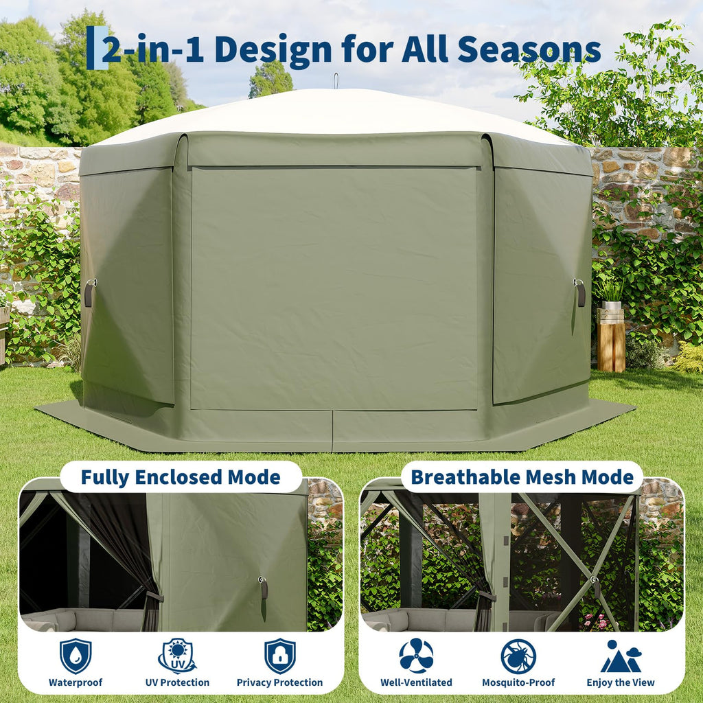 Garvee 11.7 ft Hexagon Screen Tent, 230 cm High Instant Pop Up Canopy with 6 Wind Panels, 210D Polyester Mesh Walls for Camping, Patio & Backyard, Green