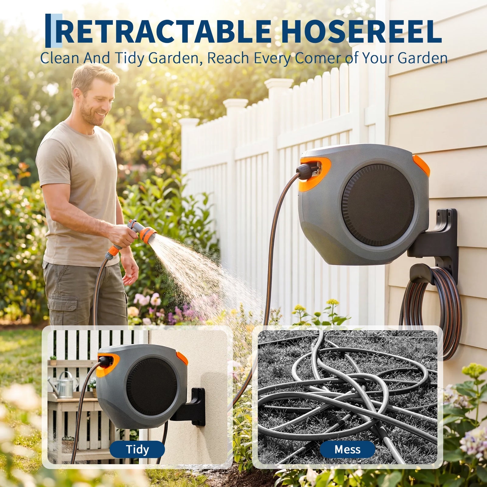 Garvee 65 FT Retractable Garden Hose Reel, 1/2 in Mesh PVC Hose with 10-Function Nozzle, Any-Length Lock & Slow Auto-Rewind for Yard Watering