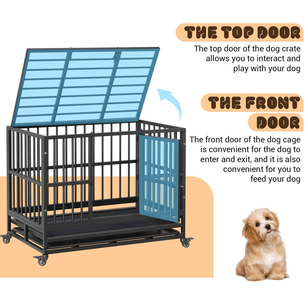 Garvee Heavy Duty Indestructible Dog Crate – Escape-Proof Steel Kennel with Double Doors, 360° Lockable Wheels, Removable Tray, Easy Assembly – Secure Dog Cage for Small, Medium, Large Breeds, Size: 37inch