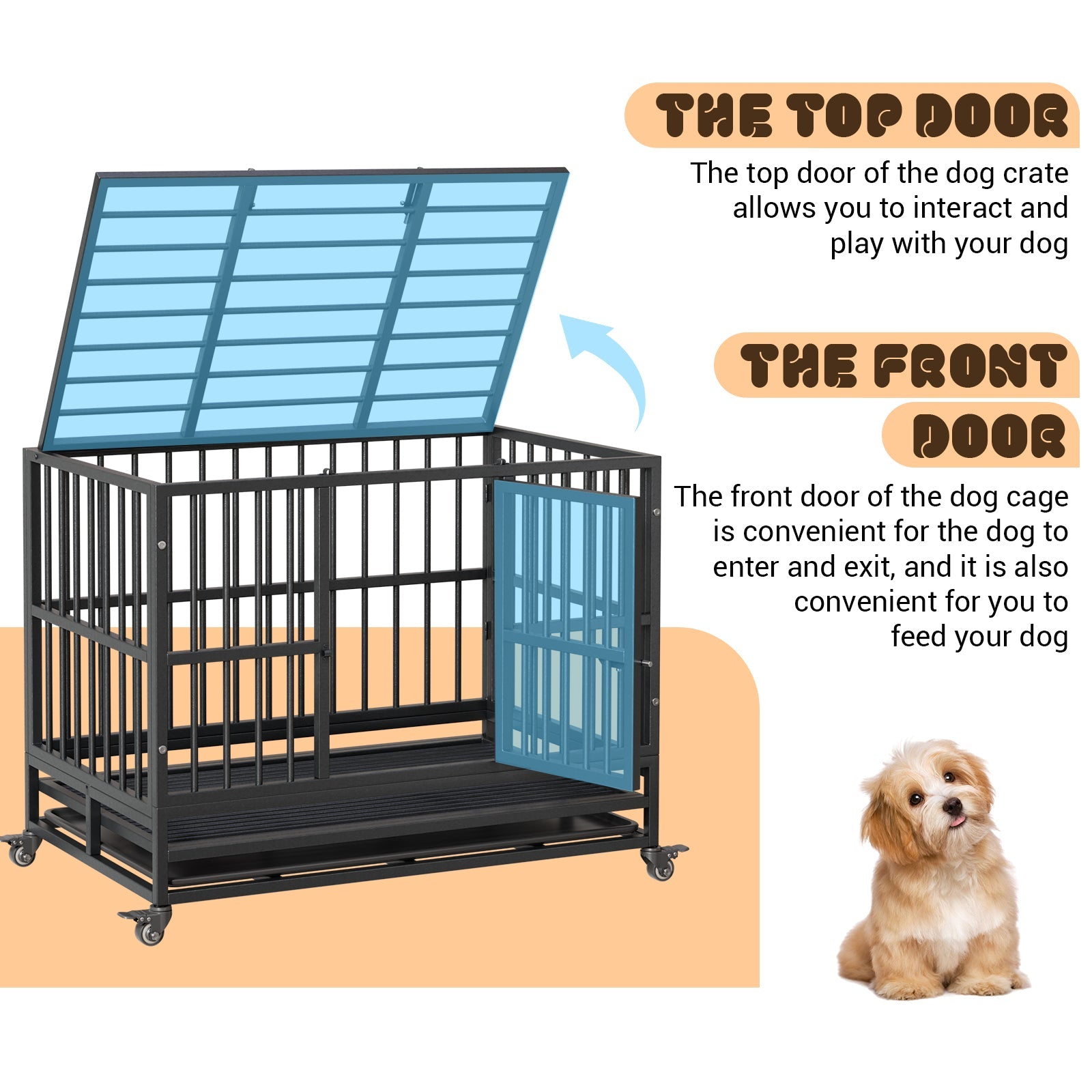 Garvee Heavy Duty Indestructible Dog Crate – Escape-Proof Steel Kennel with Double Doors, 360° Lockable Wheels, Removable Tray, Easy Assembly – Secure Dog Cage for Small, Medium, Large Breeds, Size: 37inch