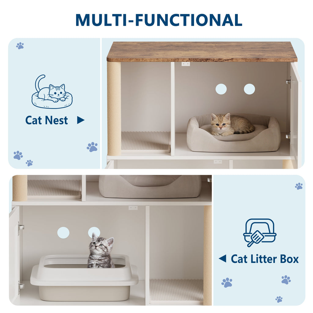 Garvee Double Cat Litter Box Enclosure Furniture for 2 Cats – 2-Tier Modern Cabinet with Hidden Litter Boxes, Sisal Marking Posts, Dual Mats, Odor Control, Dog-Proof End Table – Grooved Door White