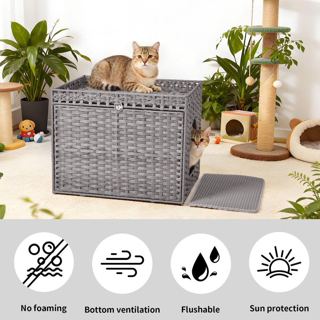 Garvee Handwoven Rattan Cat Litter Box Cabinet – Large Covered Enclosure with Removable Mat and Fence – Stylish Hidden Litter Furniture for Living Room or Apartment, Easy Assembly – Grey