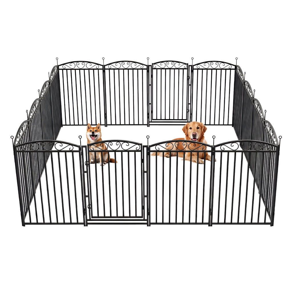 Garvee Outdoor Decorative Metal Dog Playpen - 32" Height, 16 Panels, 1 Door, Safe Pet Fence for Medium and Large Dogs, Sturdy Black with Silver Design, Includes 16 Pieces, Black Base with Silver Floral at the End