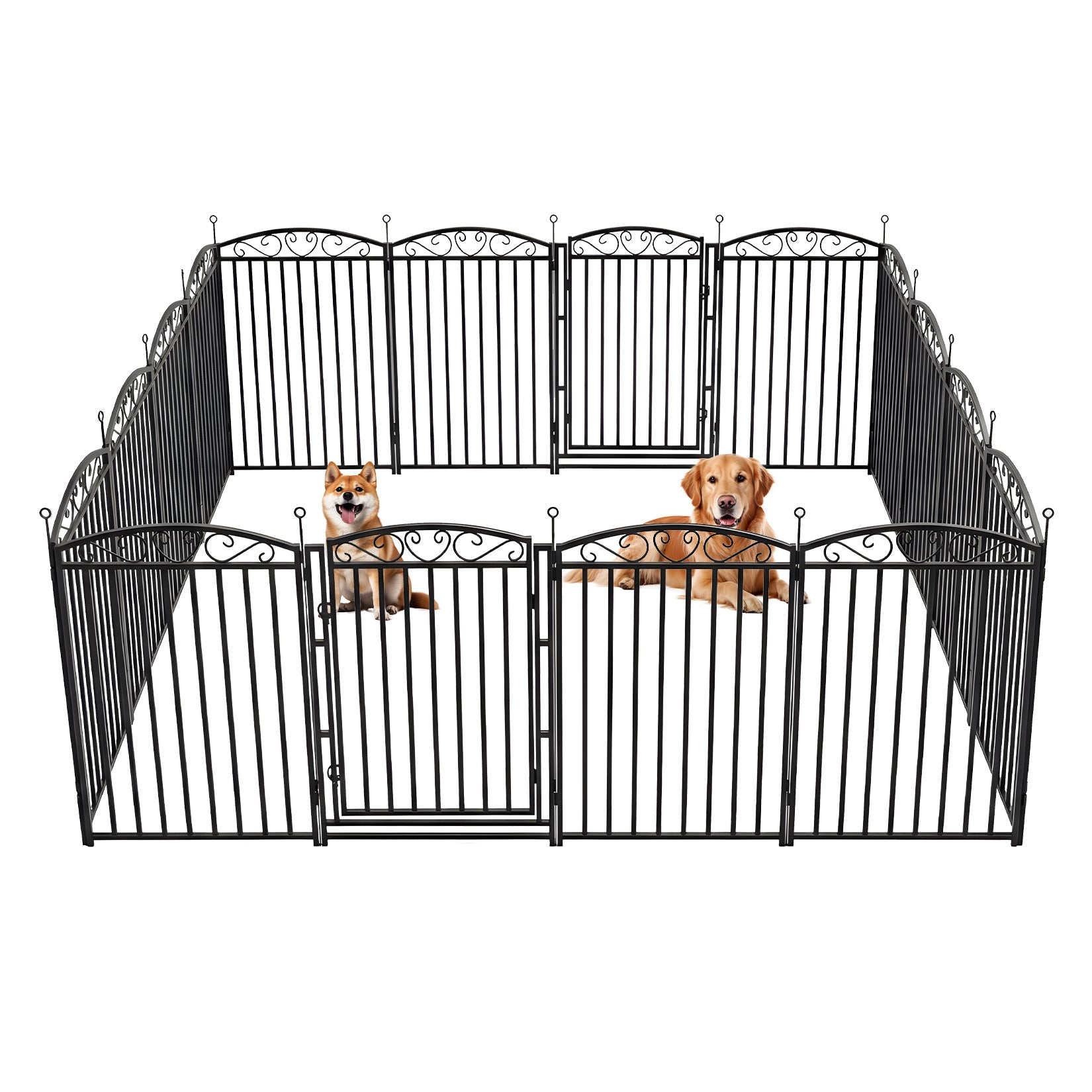 Garvee Outdoor Decorative Metal Dog Playpen - 32" Height, 16 Panels, 1 Door, Safe Pet Fence for Medium and Large Dogs, Sturdy Black with Silver Design, Includes 16 Pieces, Black Base with Silver Floral at the End