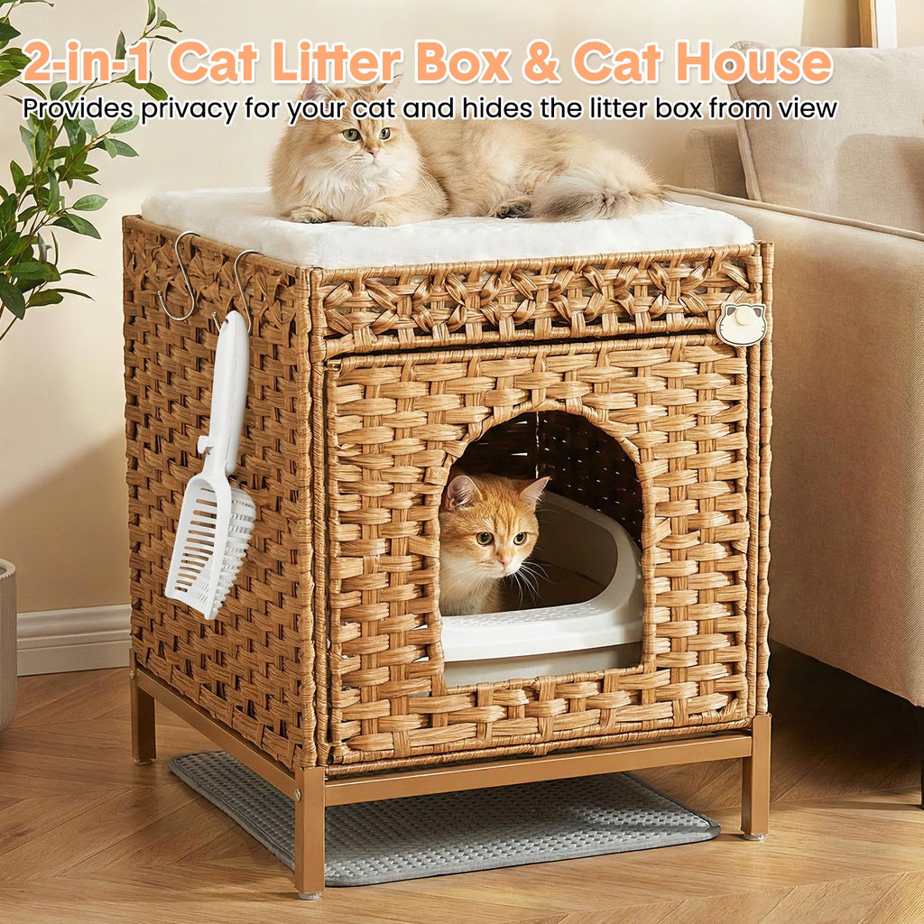 Garvee Cat Litter Box Enclosure Hidden Litter Box Furniture with Metal Heightened Feet, Rattan Handwoven Cat House with Litter Mat, Hidden Litter Box Furniture for Bedroom Living Room, Natural