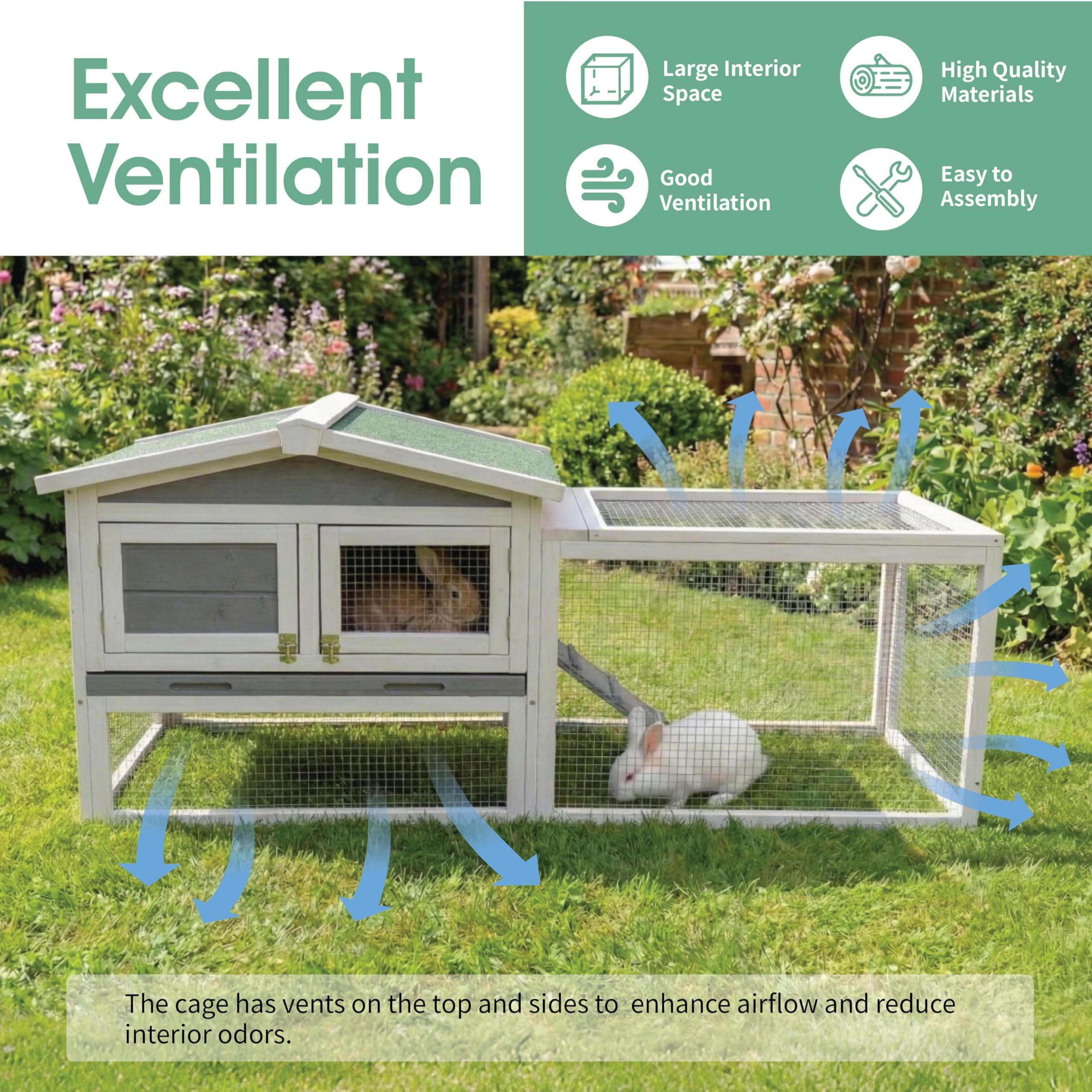 Garvee Large 2-Story Wooden Small Animal Cage for Rabbits, Guinea Pigs & Chickens - Weatherproof Indoor Outdoor Hutch with Anti-Chew Metal Frame, Removable Wire Netting, Leak-Proof Pull-Out Tray, Gray