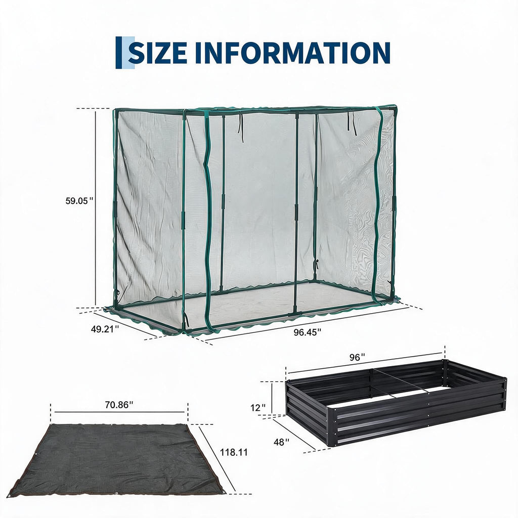 Garvee 8 x 4 x 1 FT Galvanized Raised Garden Bed with Crop Cage, 60% Shade Cloth, Zippered Mesh Doors & Pest Barrier for Vegetables, Herbs and Flowers, Black