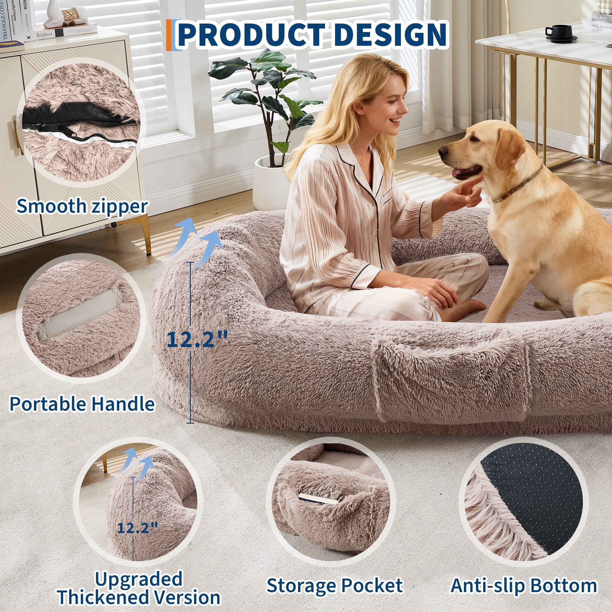 Garvee Orthopedic Memory Foam Dog Bed for Adults & Pets – Oversized Bean Bag Sofa, Washable Faux Fur Cover, Side Pocket, Waterproof, Calming Nap Couch for Living Room or Bedroom – Light Brown