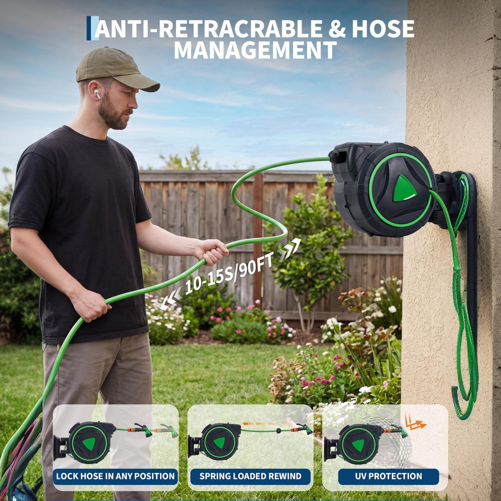 Garvee 5/8" x 90 FT Retractable Garden Hose Reel, Wall-Mounted Auto Rewind Hose Reel with 180° Swivel Bracket, Kink-Free Hose for Lawn, Garden & Car Washing