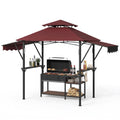 Garvee 8' × 5' Grill Gazebo with Dual Adjustable Awnings, 2-Tier Ventilated Canopy, Steel Frame, 2 Shelves & 7 Hooks, Claret