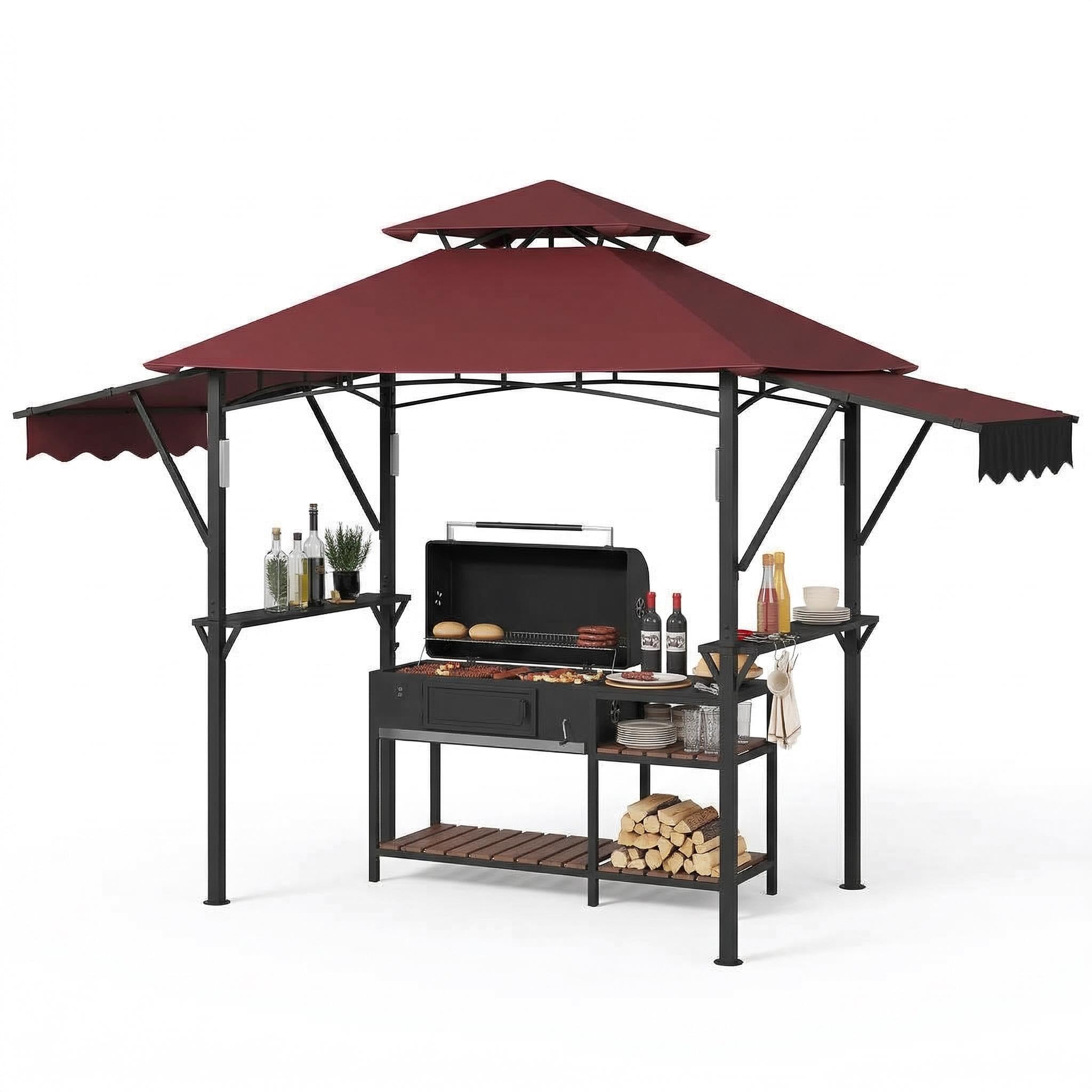 Garvee 8' × 5' Grill Gazebo with Dual Adjustable Awnings, 2-Tier Ventilated Canopy, Steel Frame, 2 Shelves & 7 Hooks, Claret