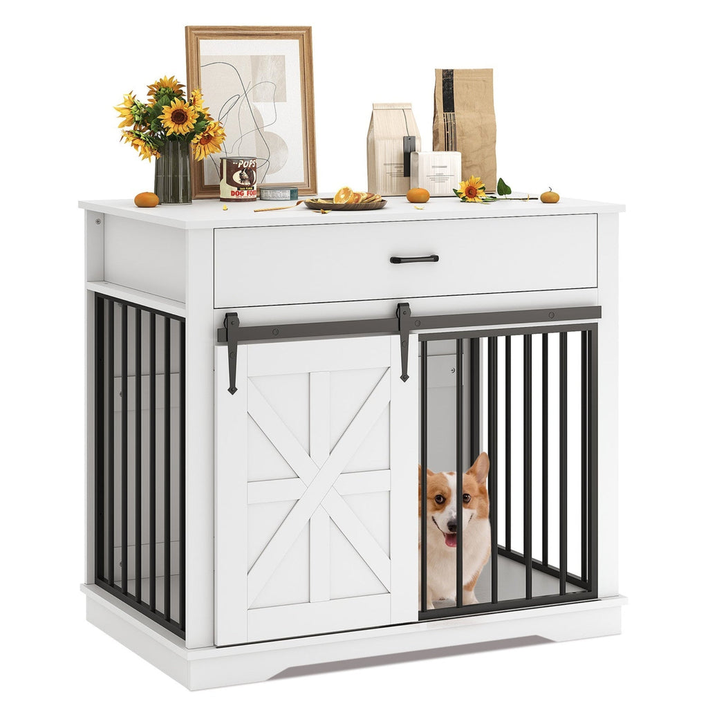 Garvee 37.8"W Dog Crate Furniture for Small/Medium Dogs, 2-in-1 Iron-Wood Fusion Dog Cage Indoor As Side End Table, Farmhouse Dogs Kennel with Sliding Barn Doors & Storage Drawer, White