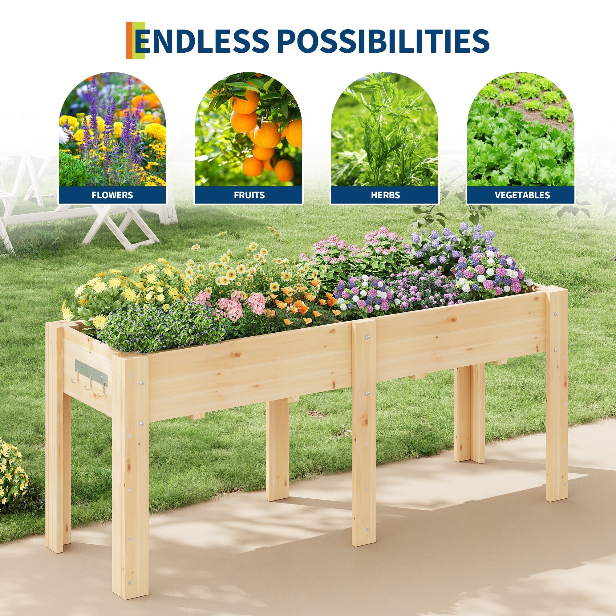 Garvee Ergonomic Wooden Raised Garden Bed with High Legs & Hooks, 72" x 23" x 30" Large Capacity Outdoor Planter Box with Non-Woven Liner, Easy Assembly for Vegetables, Herbs & Flowers, Varnish