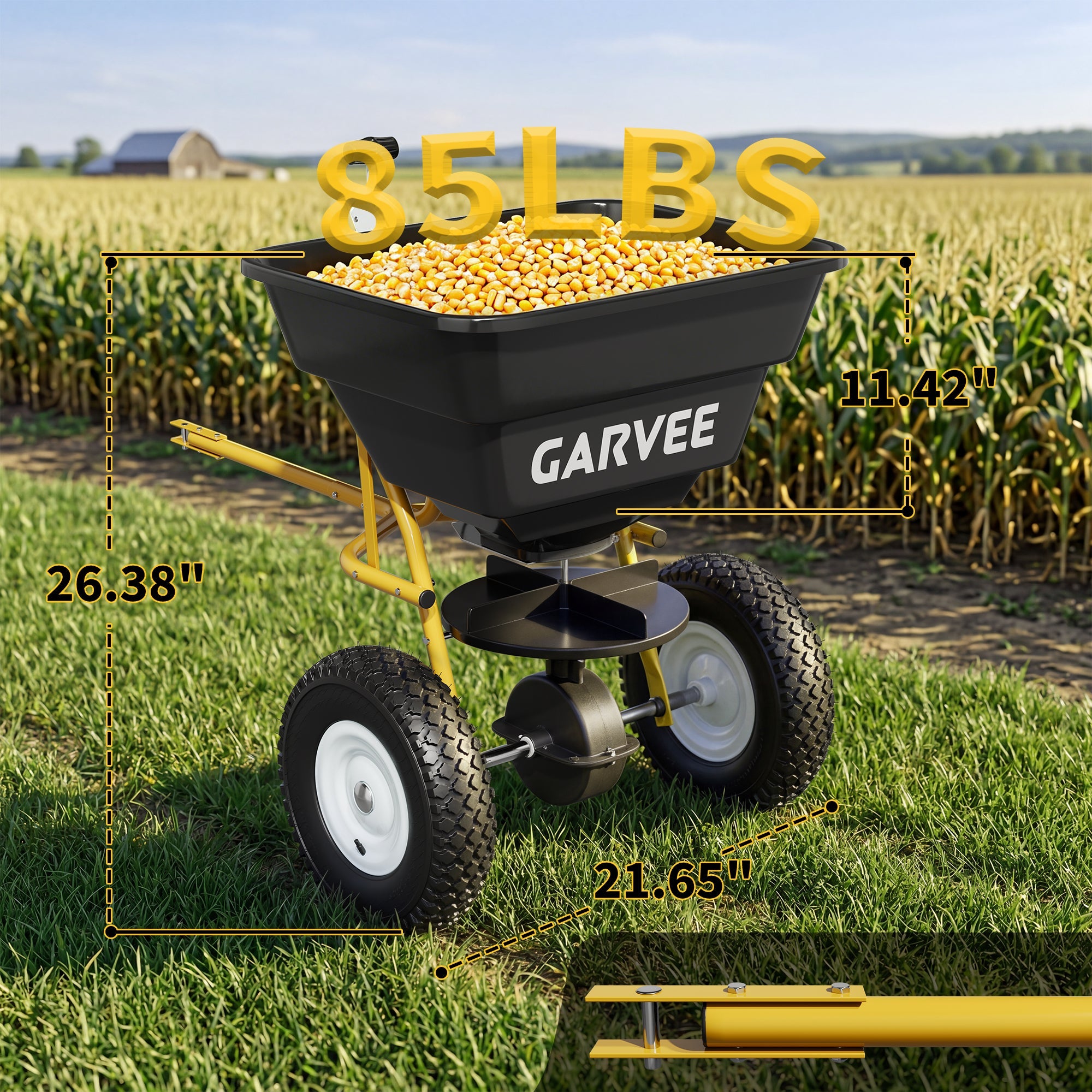 Garvee 85 lb Tow-Behind Broadcast Spreader with Adjustable Flow Control, 10-Inch Pneumatic Tires, Steel Frame & Universal Hitch for Seed, Fertilizer, Salt and Ice Melt, Black & Yellow