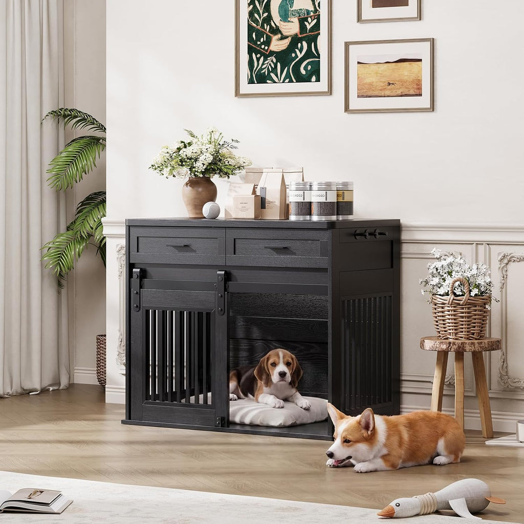 Garvee Heavy Duty Wooden Dog Crate Furniture with Sliding Barn Door and 2 Storage Drawers, Indoor Dog Kennel End Table with Hook, Farmhouse Style Dog Crates for Medium/Large Dogs, Black