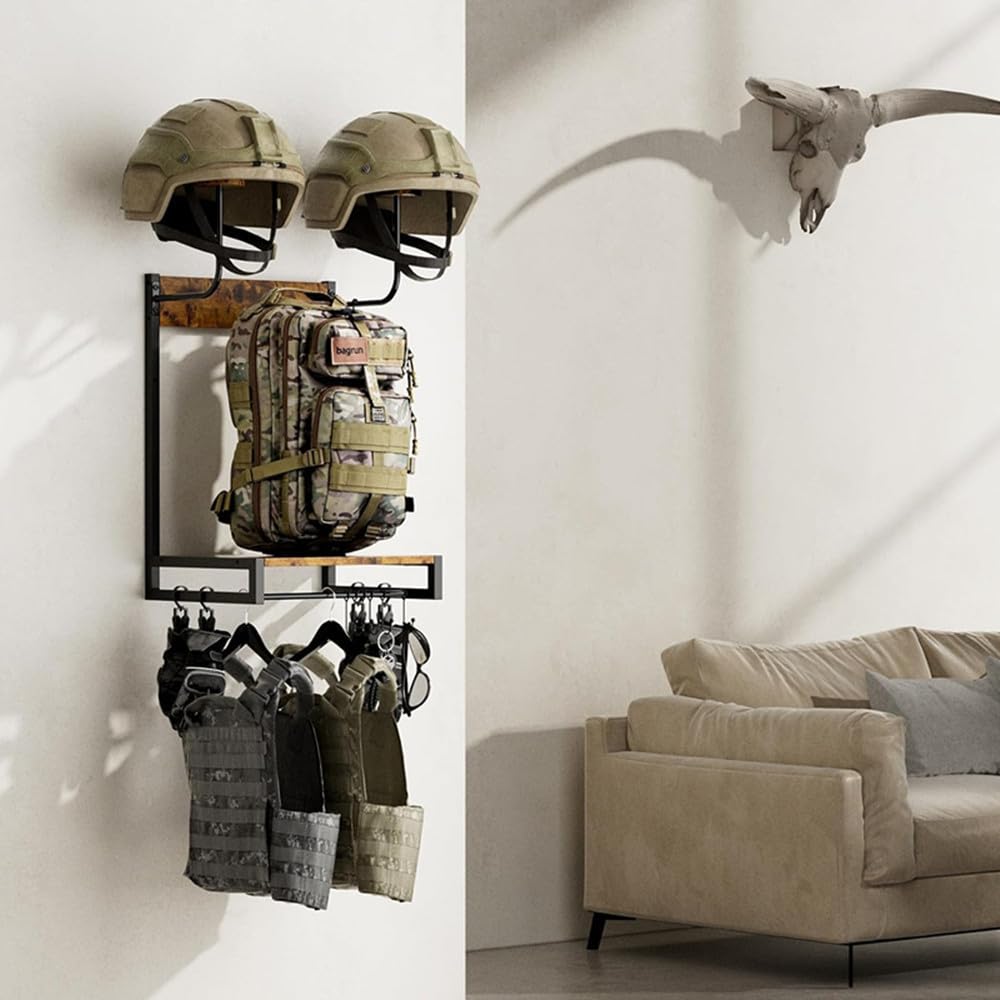 Garvee Solid Oak & Steel Wall Mounted Motorcycle Helmet Holder – Space-Saving Organizer Rack for Helmet & Gear – Durable Wood Construction, Easy Installation – Entryway, Garage, Hallway – Small