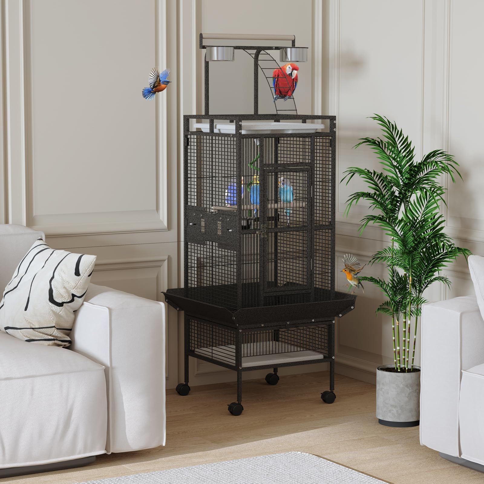 Garvee 60 Inch Wrought Iron Large Bird Flight Cage with Rolling Stand, Play Top & 4 Stainless Steel Bowls, Flight Parrot Cage for African Grey, Cockatiel, Conure, Parakeet, Budgie, Lovebird, Black