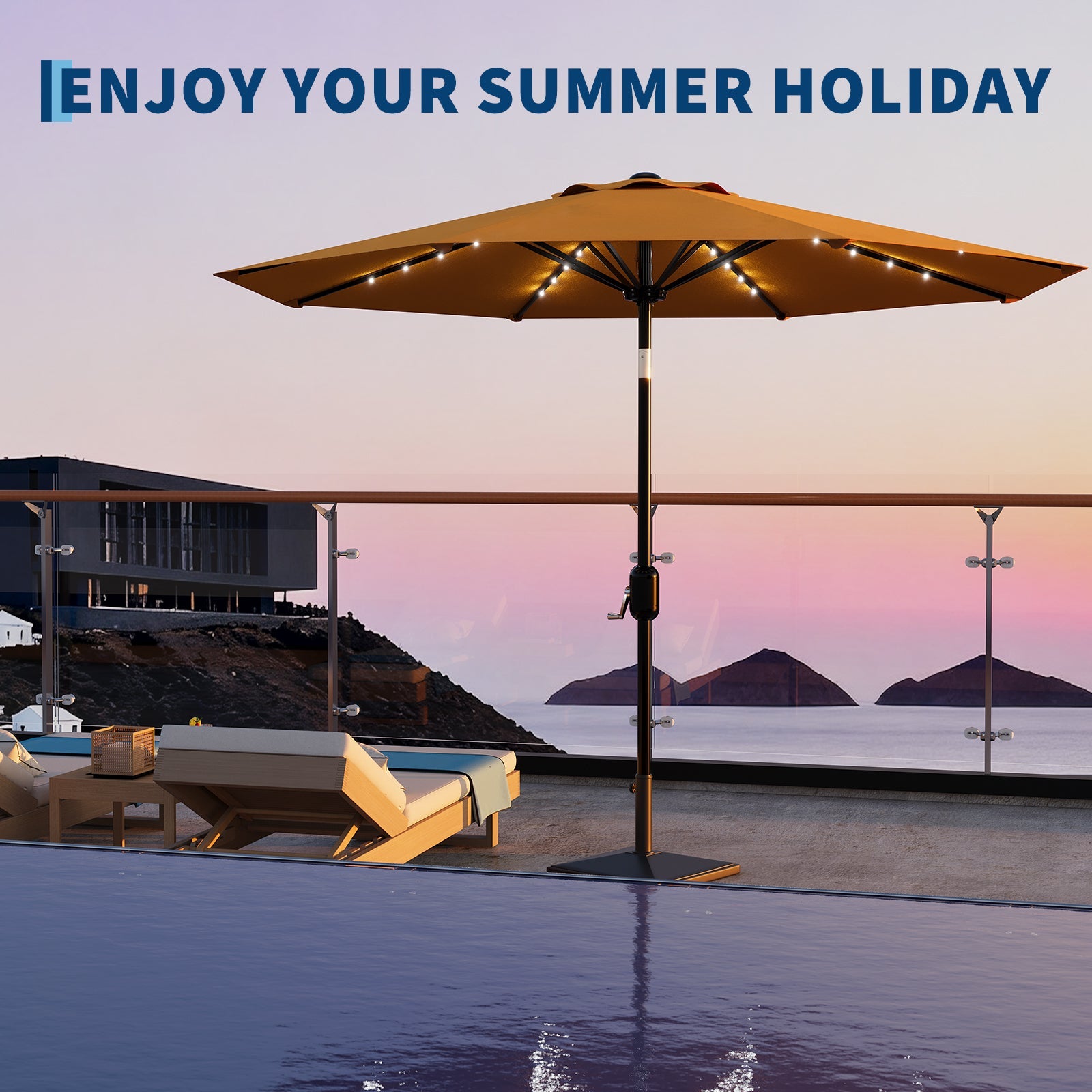 Garvee 9FT Solar LED Patio Umbrella with 32 Lights, Tilt & Crank Outdoor Market Umbrella, UV & Water Resistant, 8 Ribs Sunshade for Garden, Deck, Pool & Table, Yellow