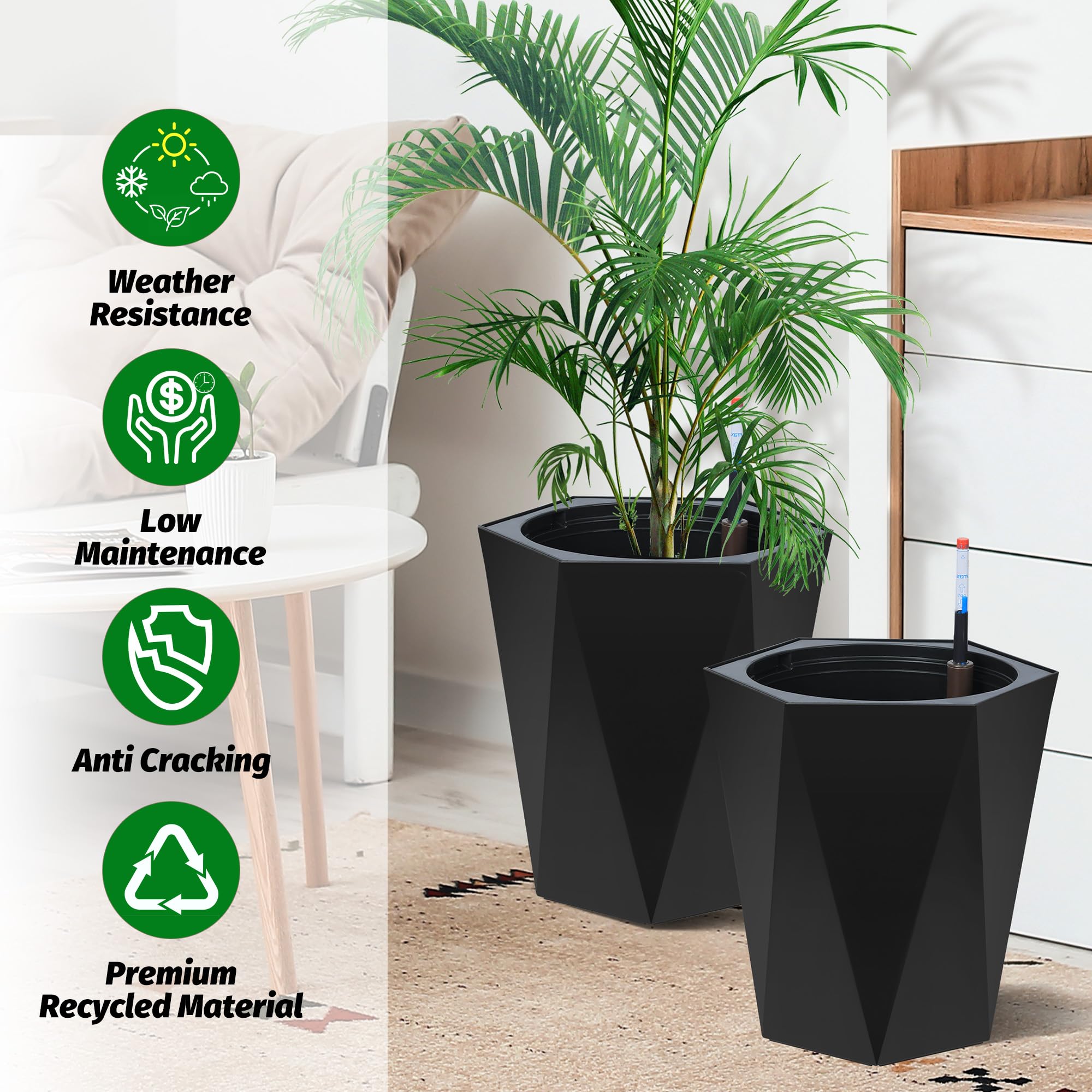 Garvee Self-Watering Planters, Set of 2 16 in Tall Resin Pots with Water Level Gauge, Double Tray, Hidden Wheels & 14-Day Reservoir for Indoor Outdoor Patio, Porch & Office, Black