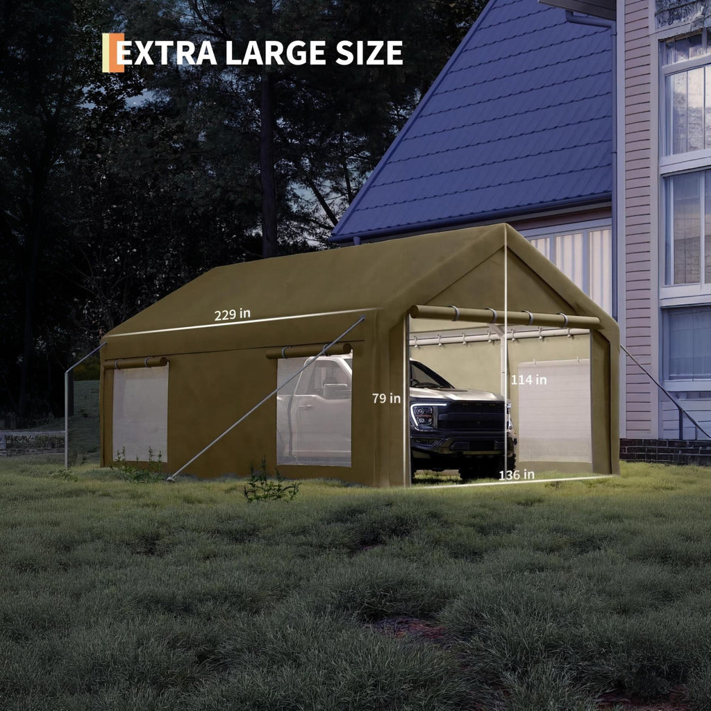 Garvee 12' × 20' Portable Garage, 200 GSM PE Carport Canopy with Reinforced Steel Frame, 2 Roll-Up Doors, 4 Mesh Windows, Khaki