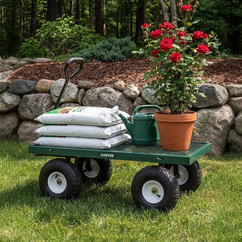 Garvee 800LBS Heavy Duty Steel Garden Cart Wagon with 10" Pneumatic Tires, Removable Mesh Sides, 180° Rotating Handle & Waterproof Bag, Utility Yard Trailer for Lawn, Garden & Farm, Green