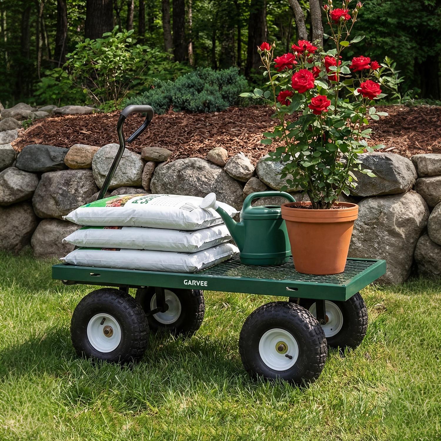 Garvee 800LBS Heavy Duty Steel Garden Cart Wagon with 10" Pneumatic Tires, Removable Mesh Sides, 180° Rotating Handle & Waterproof Bag, Utility Yard Trailer for Lawn, Garden & Farm, Green