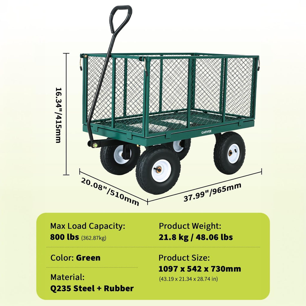 Garvee 800LBS Heavy Duty Steel Garden Cart Wagon with 10" Pneumatic Tires, Removable Mesh Sides, 180° Rotating Handle & Waterproof Bag, Utility Yard Trailer for Lawn, Garden & Farm, Green