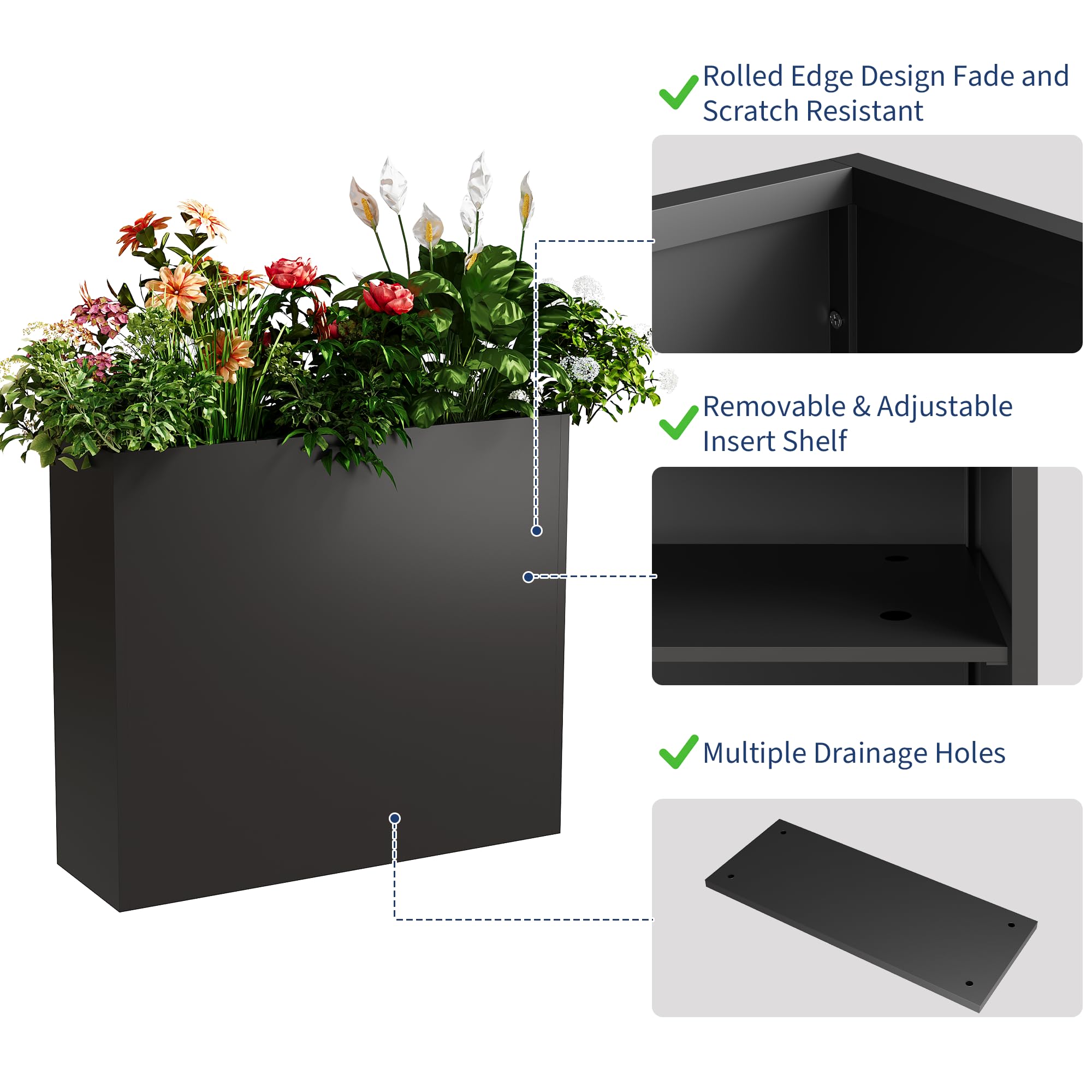 Garvee Tall Planter Box for Patio & Porch, 34 in Rectangular Metal Flower Planter with Drainage Holes and Removable Inner Shelf