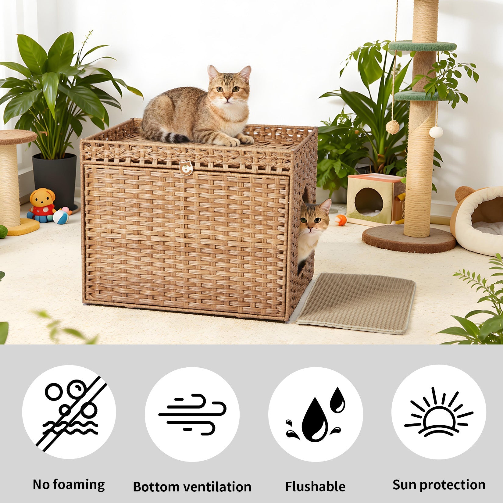 Garvee Handwoven Rattan Cat Litter Box Cabinet – Large Hidden Enclosure with Removable Mat and Fence – Stylish Boho Furniture, Easy to Clean, Covered Litterbox for Indoor Cats – Natural Color