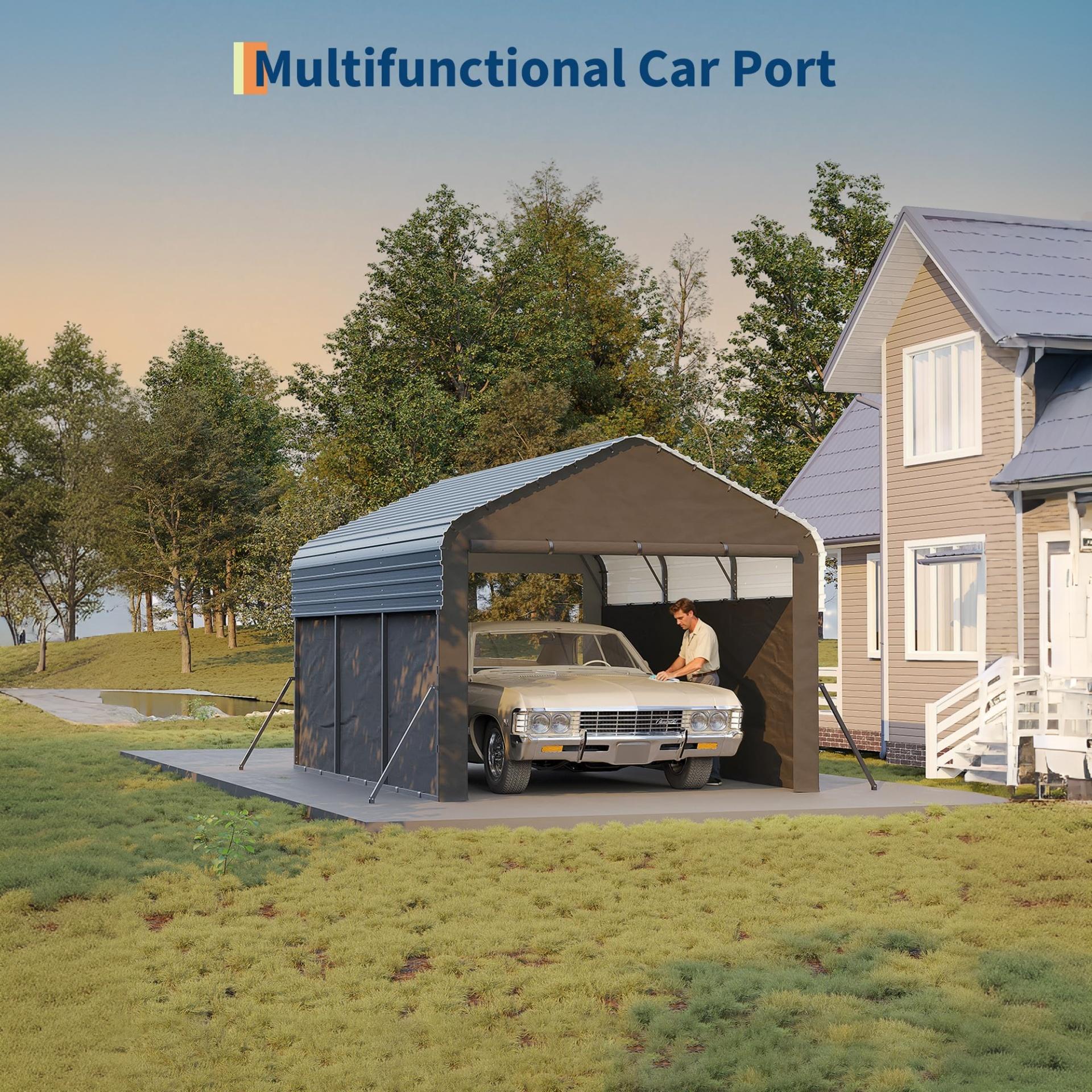 Garvee Enclosed Metal Carport 10×15 ft, 220g PE Tarp, 1.6" 19-Gauge Steel Frame, 106" H Outdoor Shelter for Sedans Boats Tractors