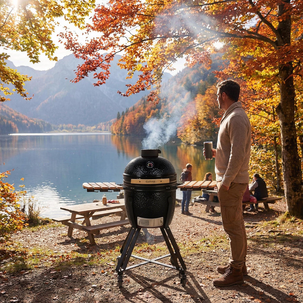 Garvee 18" Ceramic Kamado Grill, 250 Sq.In. Charcoal BBQ Grill and Smoker with AMP Firebox, Cast-Iron Top Vent and Slide-Out Ash Drawer - Black