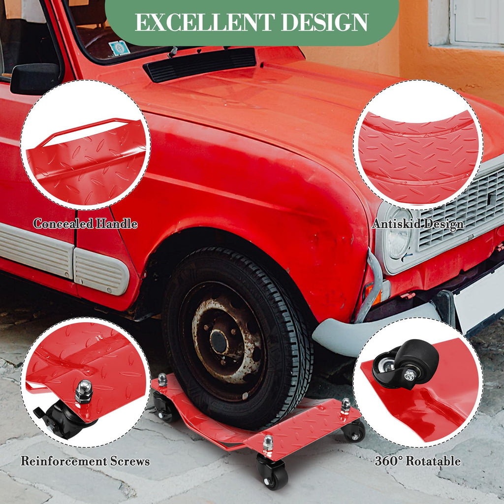 Garvee Upgraded Wheel Dolly Set of 4 - 6000LBS Capacity Vehicle Dollies with 360° Rotational Nylon Wheels, Steel Tire Skates with Brakes, 5mm Steel Plate for Moving Cars, Trucks, and Carts, Red