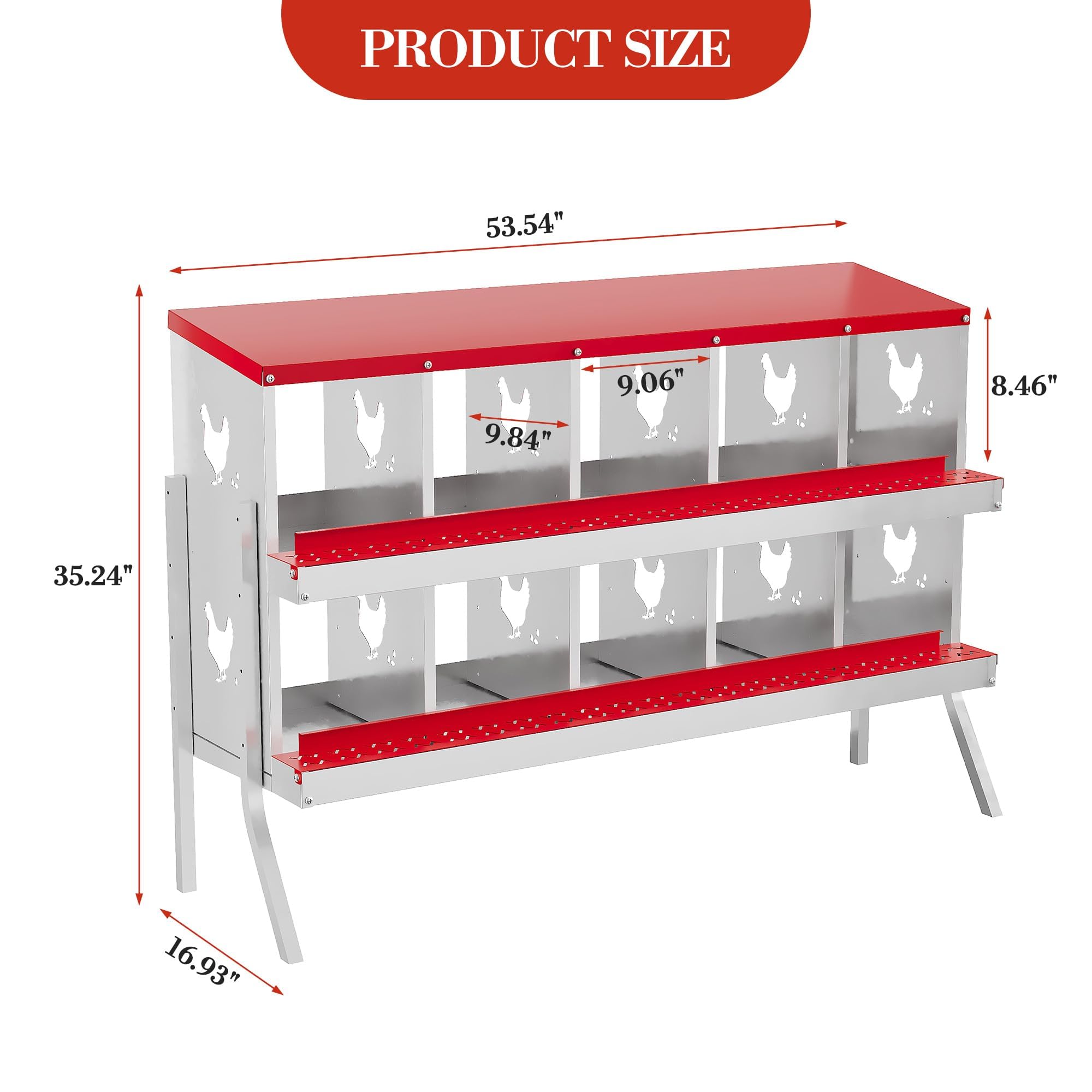 Garvee 10-Compartment Metal Chicken Nesting Box – Rustproof Roll-Away Egg Collection, Easy-Clean Ventilated Hen Coop Accessory, Secure Lid & Swing Perch, for Hens Ducks Poultry, Red, 10 Grids (Without Bracket)
