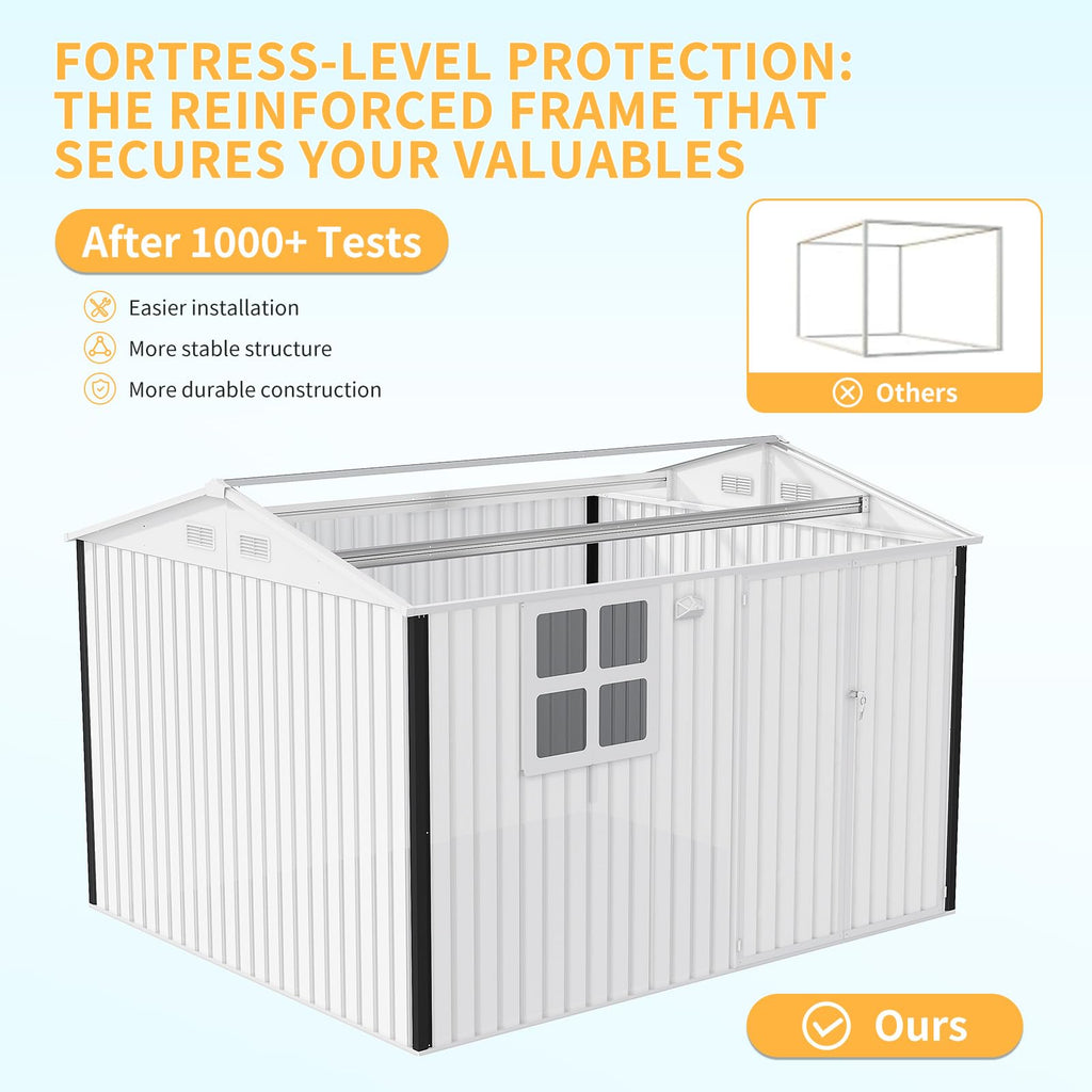 Garvee 8x10 ft Heavy-Duty Metal Storage Shed with Lockable Door & Windows - Galvanized Steel Outdoor Utility Shed with Sloped Roof for Backyard, Garden, Garage, and Patio, Brown