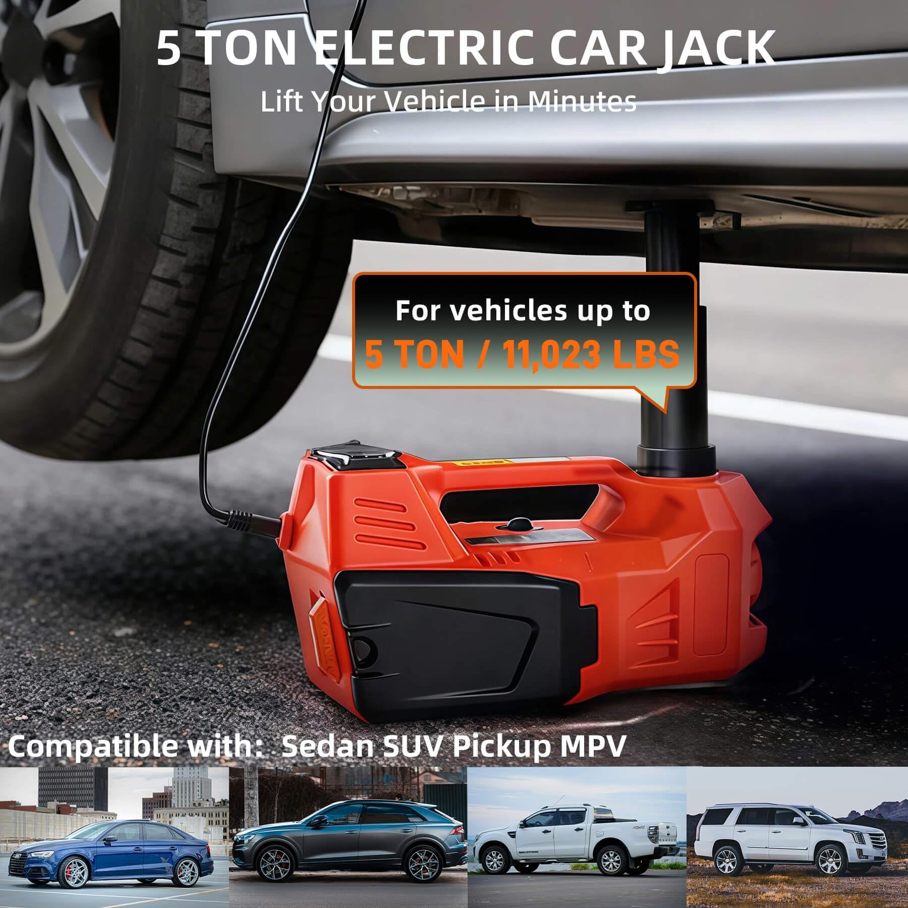 Garvee 5 Ton 12V Electric Hydraulic Car Jack Kit – Tire Inflator Pump & Impact Wrench – Portable Floor Jack Lift – Lifting Range 155-450mm – For Sedan, SUV, MPV, Truck Tire Change, Repair – Electric Jack + Electric Wrench