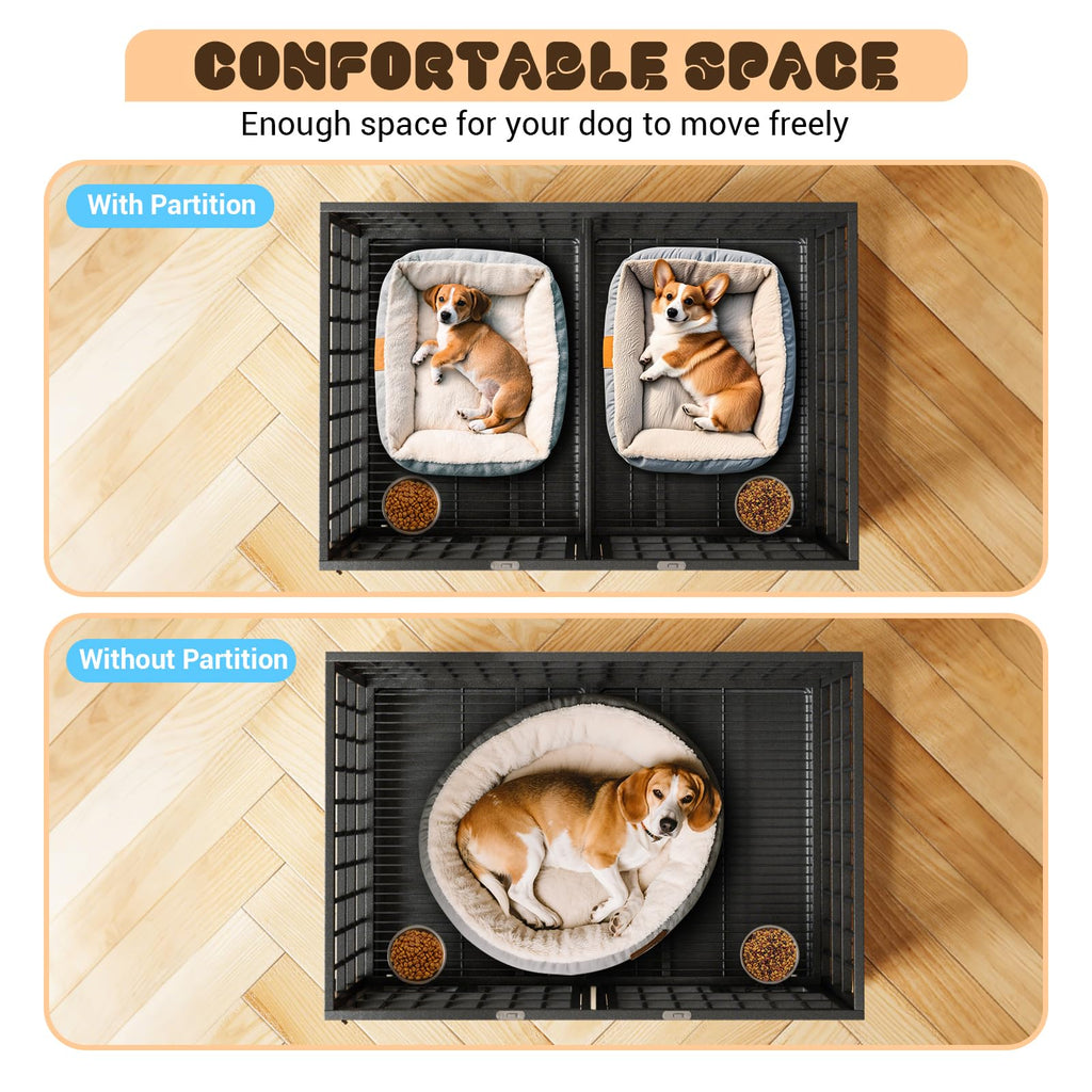 Garvee Heavy Duty Dog Crate with Food Bowl, 48 Inch Escape-Proof Metal Kennel with Divider, Double Doors, Removable Tray, Lockable Wheels, Indoor Outdoor Dog Cage for Small to Large Dogs