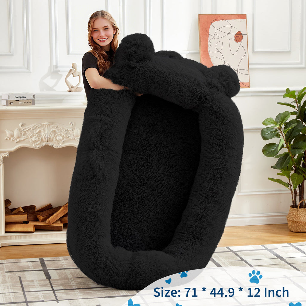 Garvee Human Dog Bed, 71 in x45 in x12 in Large Dog Bed with Blanket, Storage Pockets, Portable Handle, Removable Cover, Human Size Pet Bed for Adult, Black