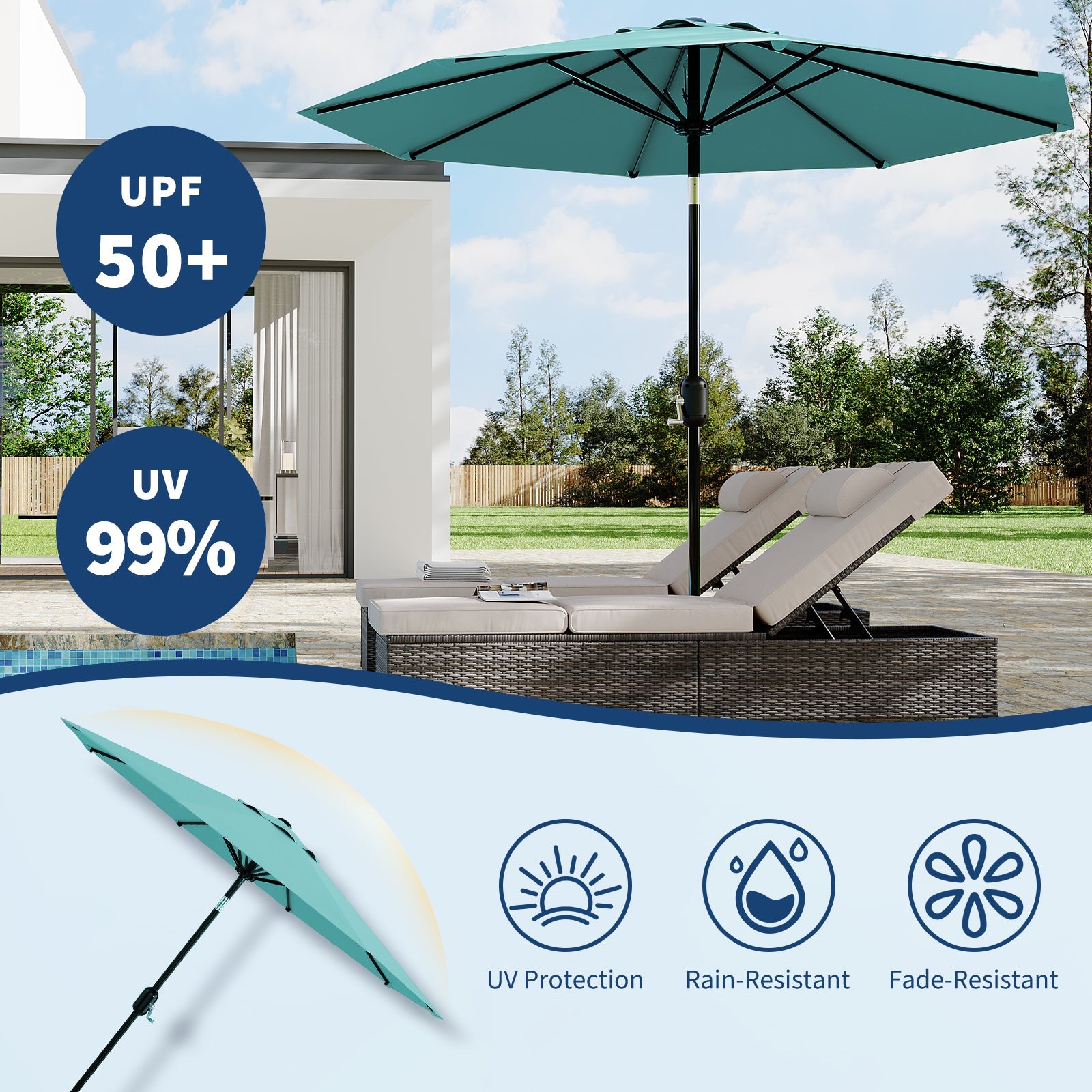 Garvee 9 ft Outdoor Patio Umbrella with 8 Sturdy Ribs, Crank Lift, Push-Button Tilt & UV-Resistant Waterproof Canopy for Pool, Deck, Yard & Garden, Lake Blue