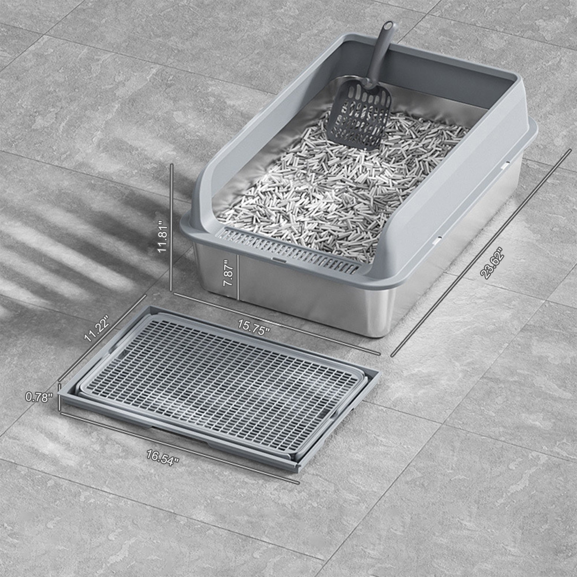Garvee Stainless Steel Cat Litter Box with Lid, 23.6"x15.8"x11.8" Large Litter Box for Big Cats, Anti Leakage, Odor-Free & Easy Cleaning Metal Litter Pan Include Scoop, Non-Sticky with High Wall Sides-grey