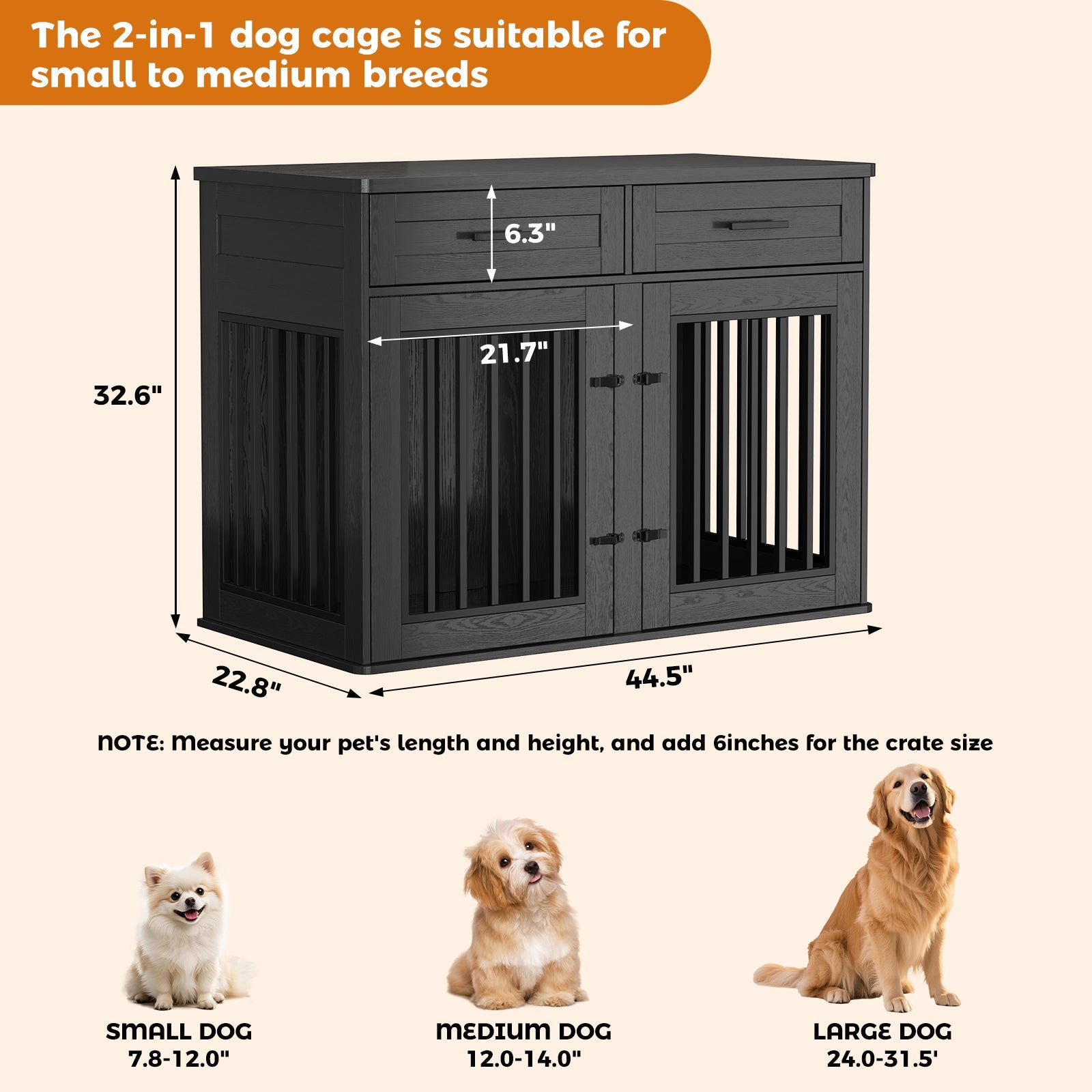 Garvee 44.5 Inch Large Dog Crate Furniture with 2 Storage Drawers,Wooden Dog Kennel Furniture As End Table, Decorative Pet Cage Dog House Indoor for Medium/Large Dogs, Chew-Proof