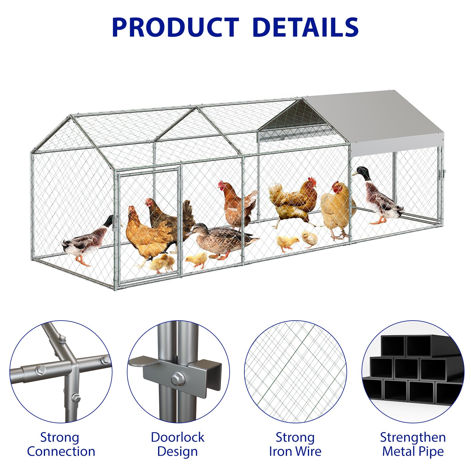 Garvee 118" x 39" Large Metal Chicken Coop with Outdoor Run - Galvanized Steel Poultry Cage with Waterproof Weather Cover & 2 Easy-Access Doors for Backyard Chickens, Ducks, & Rabbits (Silver)