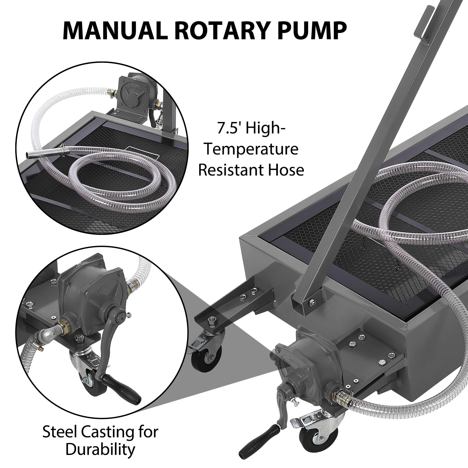 Garvee 20 Gallon Manual Low-Profile Oil Drain Pan, Large-Capacity Rolling Oil Drain Cart with Adjustable Handle, Hose, and Swivel Casters for Trucks, RVs, and SUVs, Black