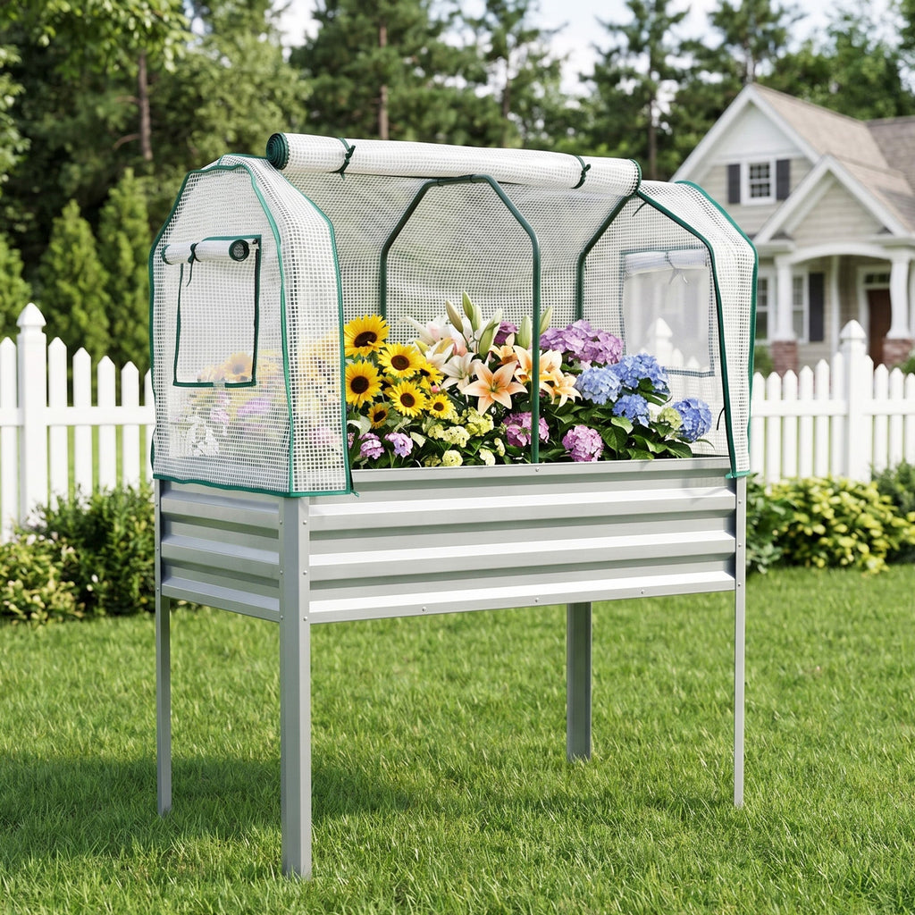 Garvee Raised Garden Bed with Cover 48" × 24" × 30", Silver Galvanized Metal Planter Box with PE Greenhouse Cover, Legs & Drainage Holes