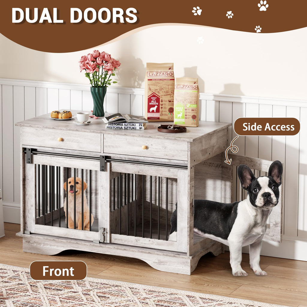 Garvee Dog Crate Furniture for 2 Dogs, 47" Double Dog Kennel with Removable Divider and 2 Drawers, Decorative TV Stand Side Table, Indoor Pet Cage for Large/Medium/Small Dogs, Gray
