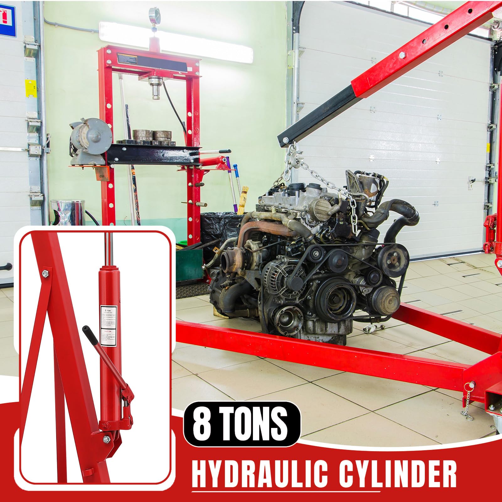 Garvee Heavy Duty 2 Ton Hydraulic Folding Engine Hoist Cherry Picker - Telescopic Boom - 6 Swivel Casters - Engine Lift for Workshop, Warehouse, Auto Repair - Red | Packaged version