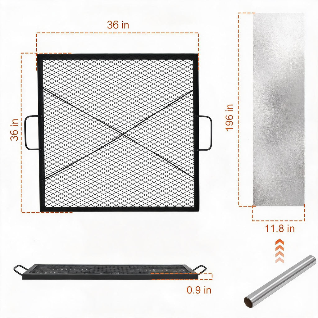 Garvee 36x36 inch Square Fire Pit Grate, 44lbs Load Capacity Heavy Duty Carbon Steel Grill Grate with Handles, 1112°F/600℃ Heat Resistant Cooking Mesh for Outdoor Camping, Black