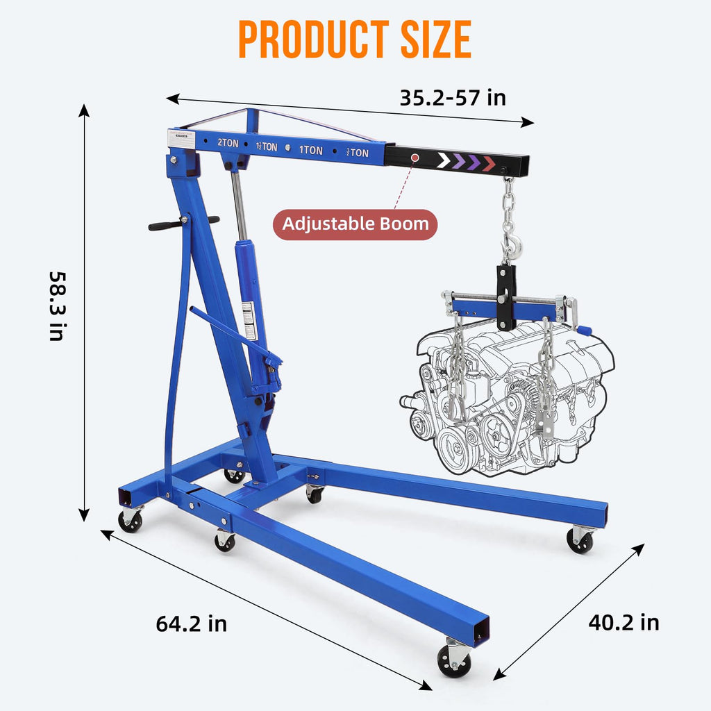 Garvee Engine Hoist 2 Ton Heavy Duty Folding Hydraulic Lift with Telescopic Boom, 6 Iron Casters, Carbon Steel, Lever, Blue - Workshop & Garage Use
